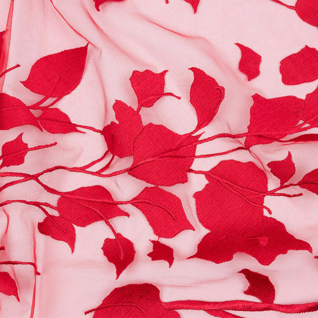 Magnolia Red Leafy Branches Embroidered Tulle Lace