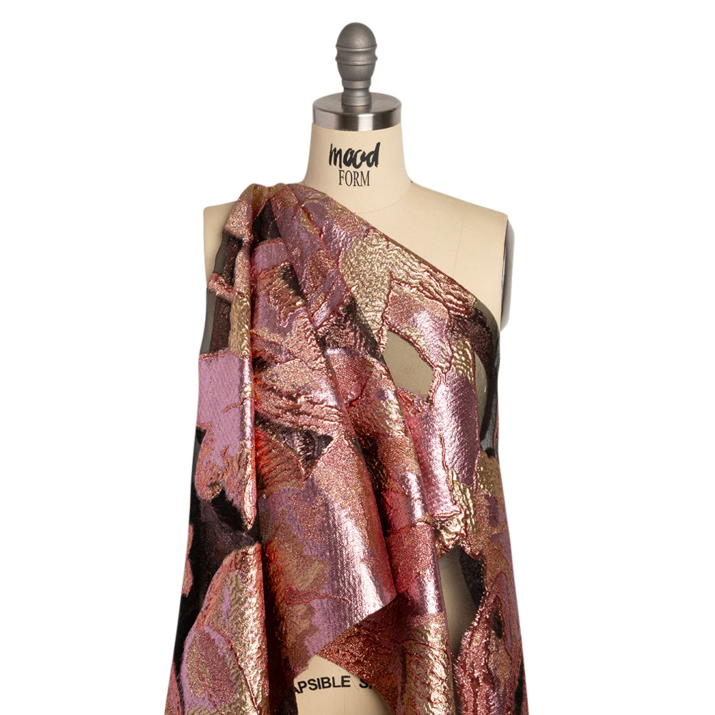 Metallic Rose Gold, Gold and Baby Pink Big Blooms and Leaves Luxury Burnout Brocade - Detail