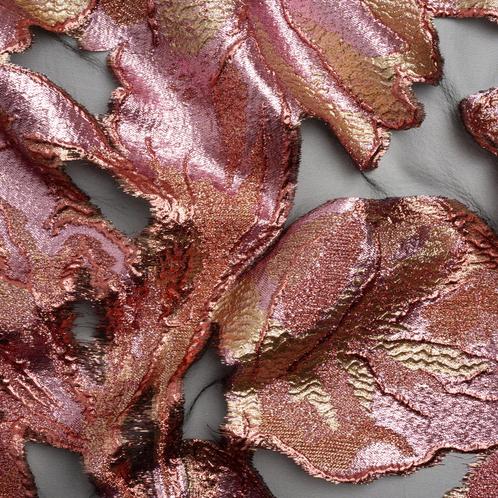 Metallic Rose Gold, Gold and Baby Pink Big Blooms and Leaves Luxury Burnout Brocade