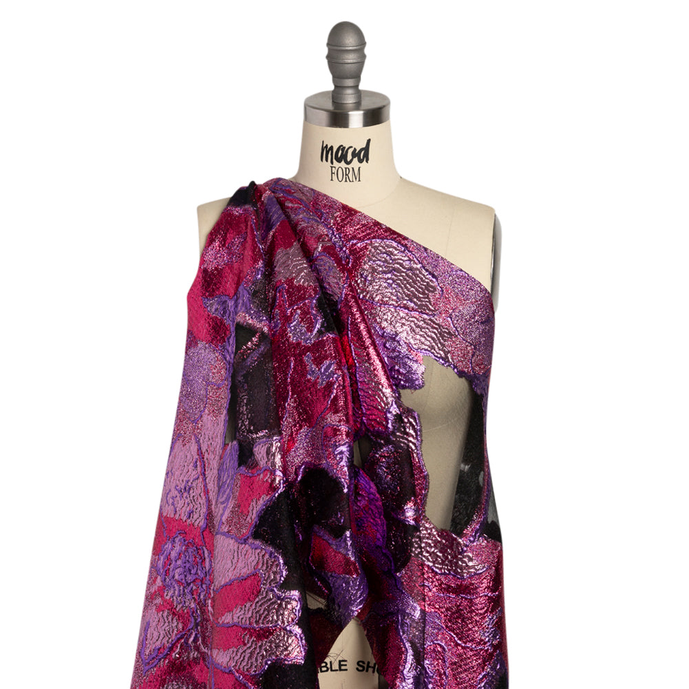 Metallic Hot Pink, Baby Pink and Purple Big Blooms and Leaves Luxury Burnout Brocade - Detail
