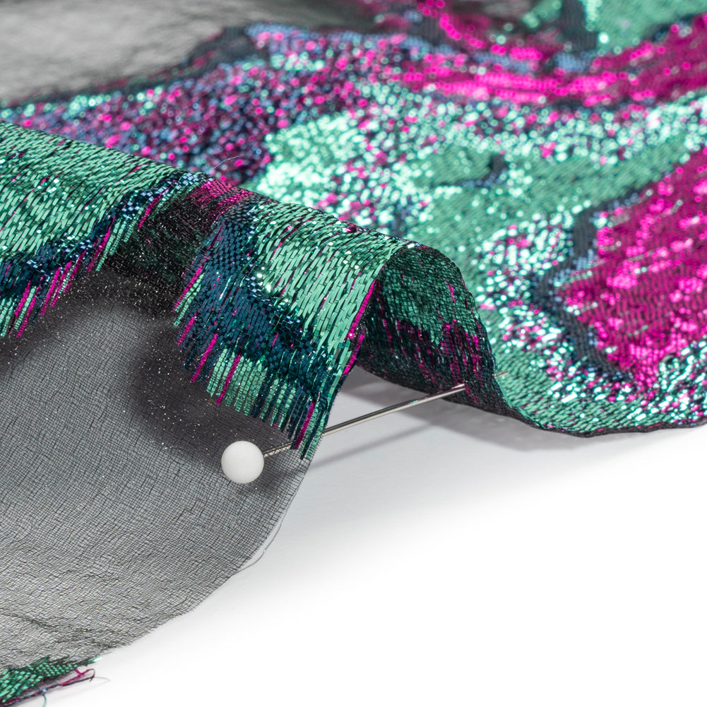 Metallic Aqua, Fuchsia and Navy Big Blooms and Leaves Luxury Burnout Brocade - Folded