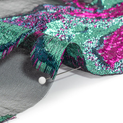 Metallic Aqua, Fuchsia and Navy Big Blooms and Leaves Luxury Burnout Brocade - Folded
