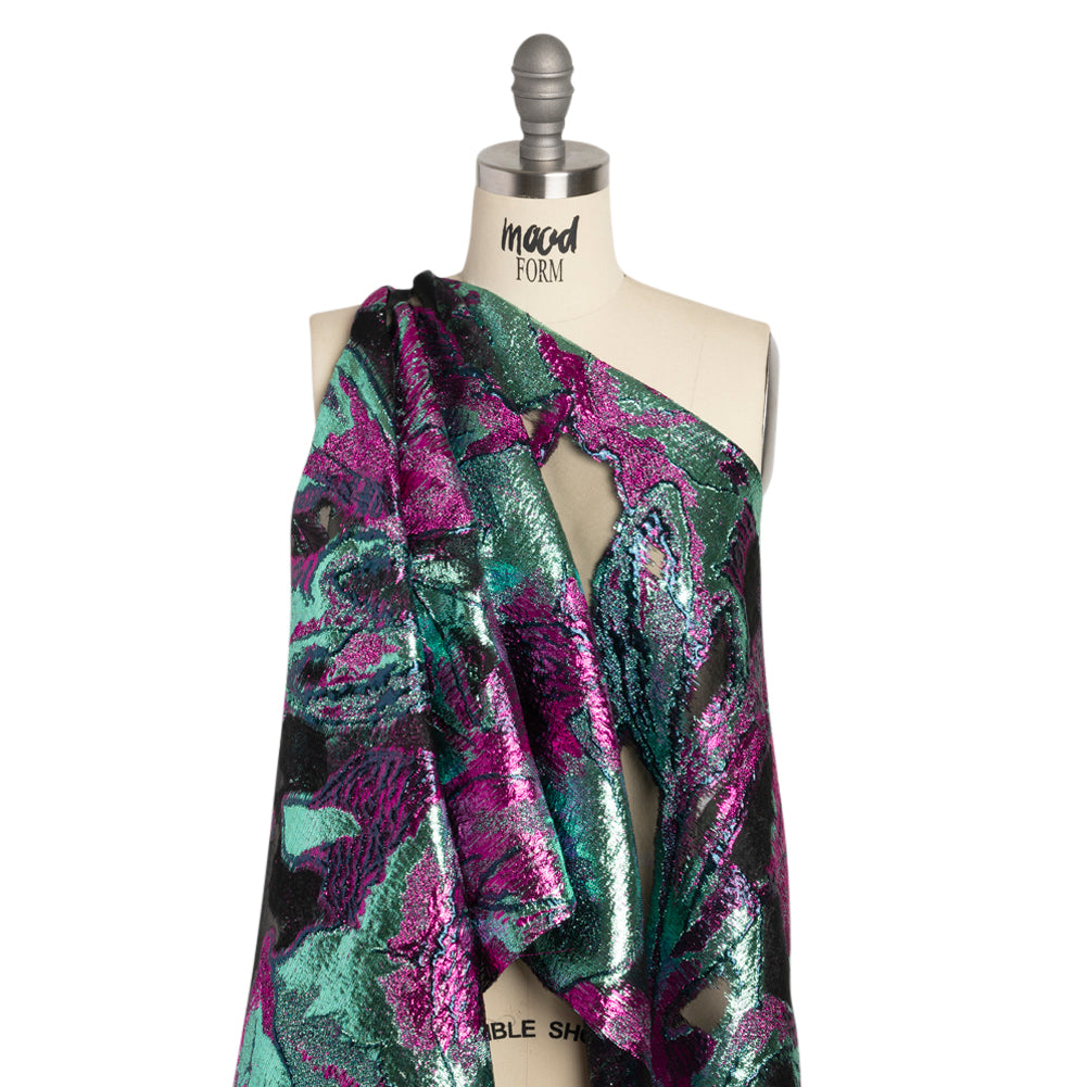 Metallic Aqua, Fuchsia and Navy Big Blooms and Leaves Luxury Burnout Brocade - Detail