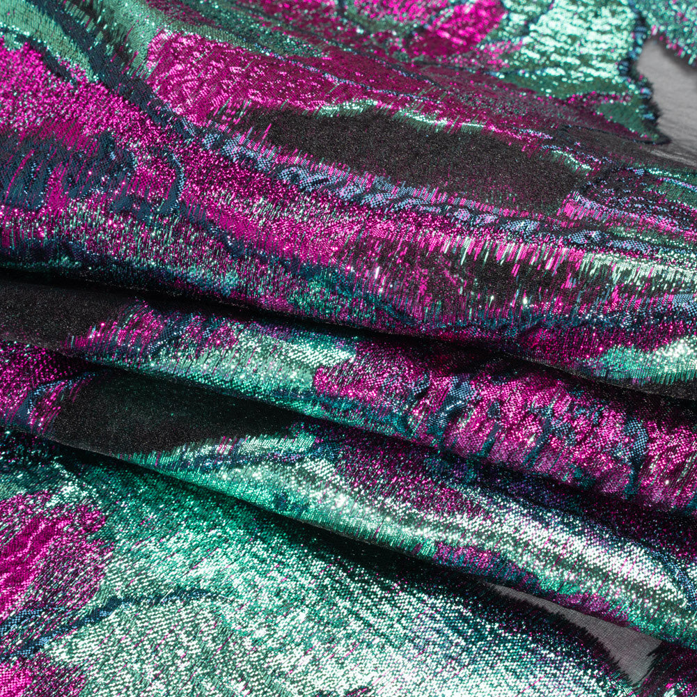 Metallic Aqua, Fuchsia and Navy Big Blooms and Leaves Luxury Burnout Brocade - Full