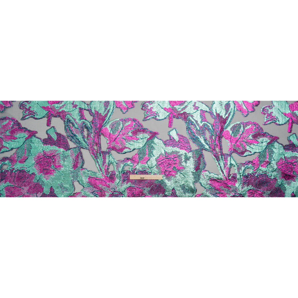 Metallic Aqua, Fuchsia and Navy Big Blooms and Leaves Luxury Burnout Brocade - Drape