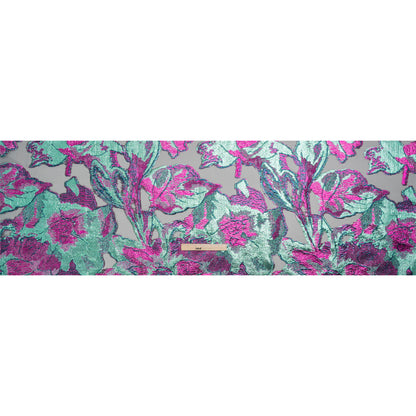 Metallic Aqua, Fuchsia and Navy Big Blooms and Leaves Luxury Burnout Brocade - Drape