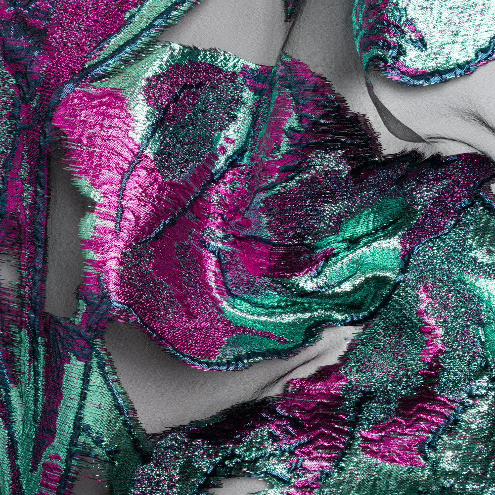 Metallic Aqua, Fuchsia and Navy Big Blooms and Leaves Luxury Burnout Brocade
