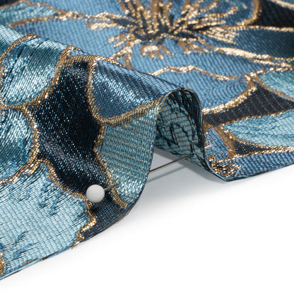 Metallic Gold, Sky and Country Blue Floral Frolic Luxury Brocade - Folded