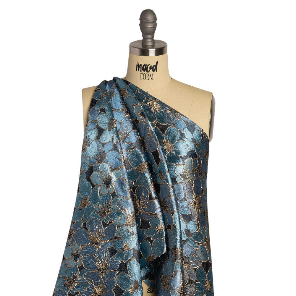 Metallic Gold, Sky and Country Blue Floral Frolic Luxury Brocade - Detail