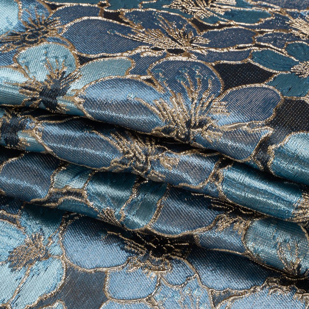 Metallic Gold, Sky and Country Blue Floral Frolic Luxury Brocade - Full
