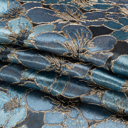 Metallic Gold, Sky and Country Blue Floral Frolic Luxury Brocade - Full