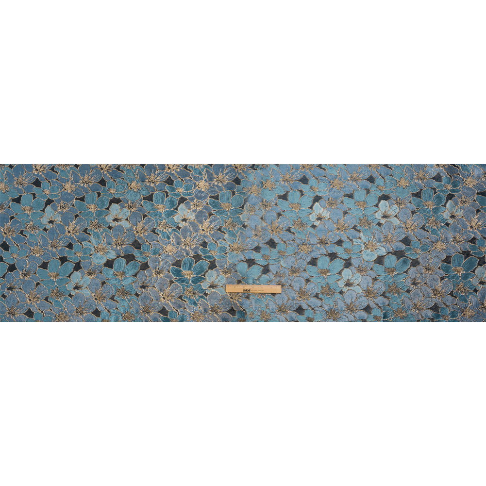 Metallic Gold, Sky and Country Blue Floral Frolic Luxury Brocade - Drape
