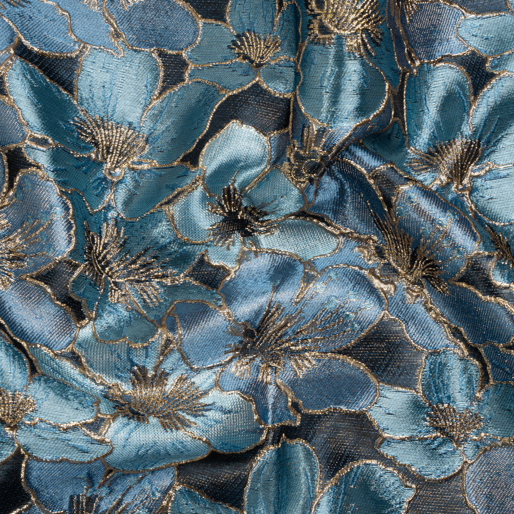 Metallic Gold, Sky and Country Blue Floral Frolic Luxury Brocade