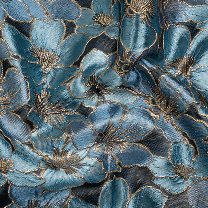 Metallic Gold, Sky and Country Blue Floral Frolic Luxury Brocade