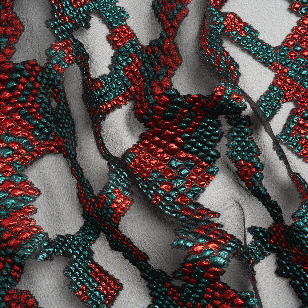 Metallic Teal, Red and Black Snakeskin Sprawl Burnout Luxury Brocade