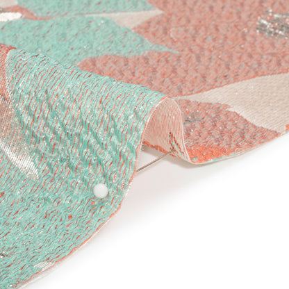 Metallic Silver, Coral and Turquoise Floating Blossoms Luxury Brocade - Folded