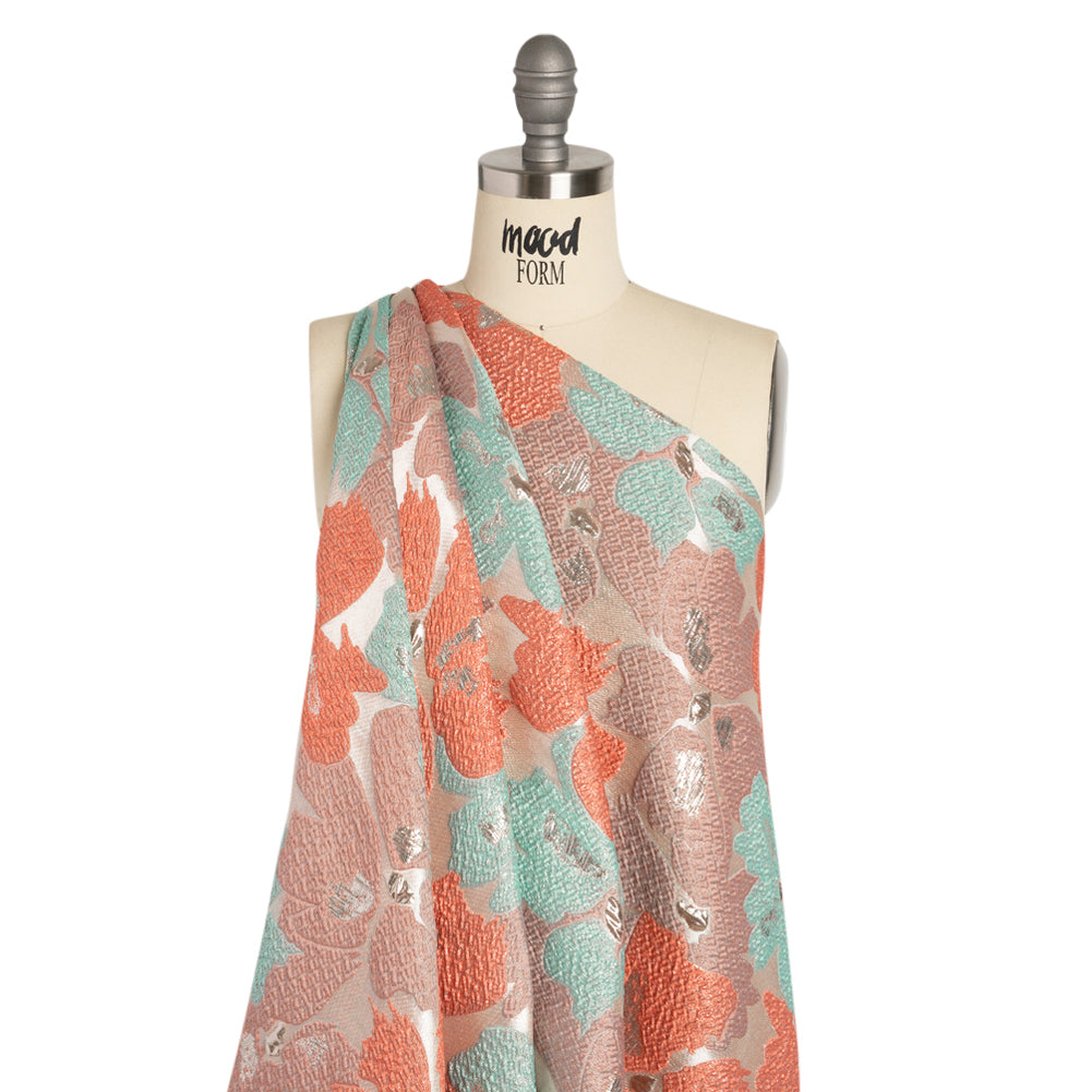 Metallic Silver, Coral and Turquoise Floating Blossoms Luxury Brocade - Detail