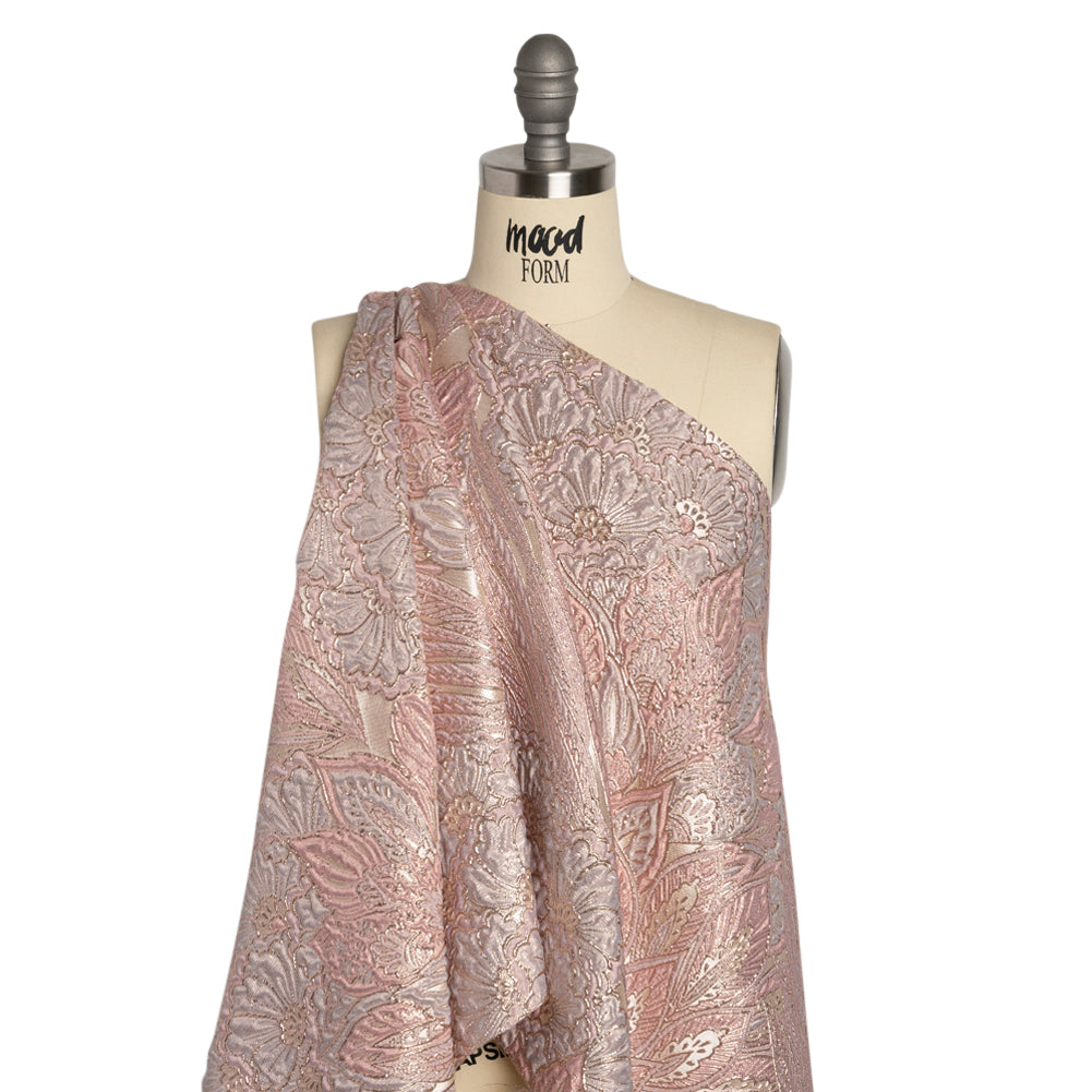 Metallic Silver, Pink and Cream Gleaming Garden Luxury Brocade - Detail