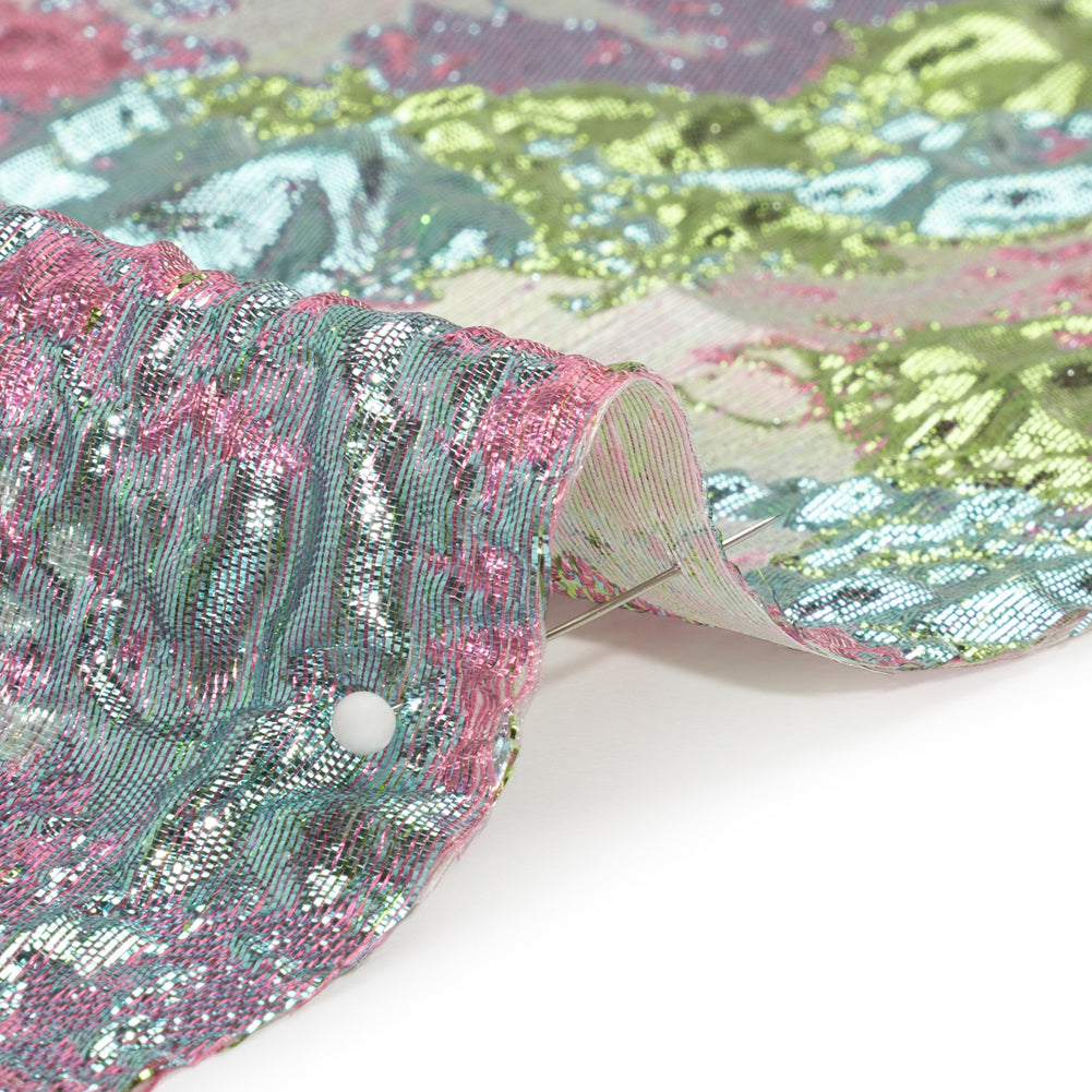 Metallic Green, Sky Blue and Pink Garden of Abstraction Luxury Brocade - Folded