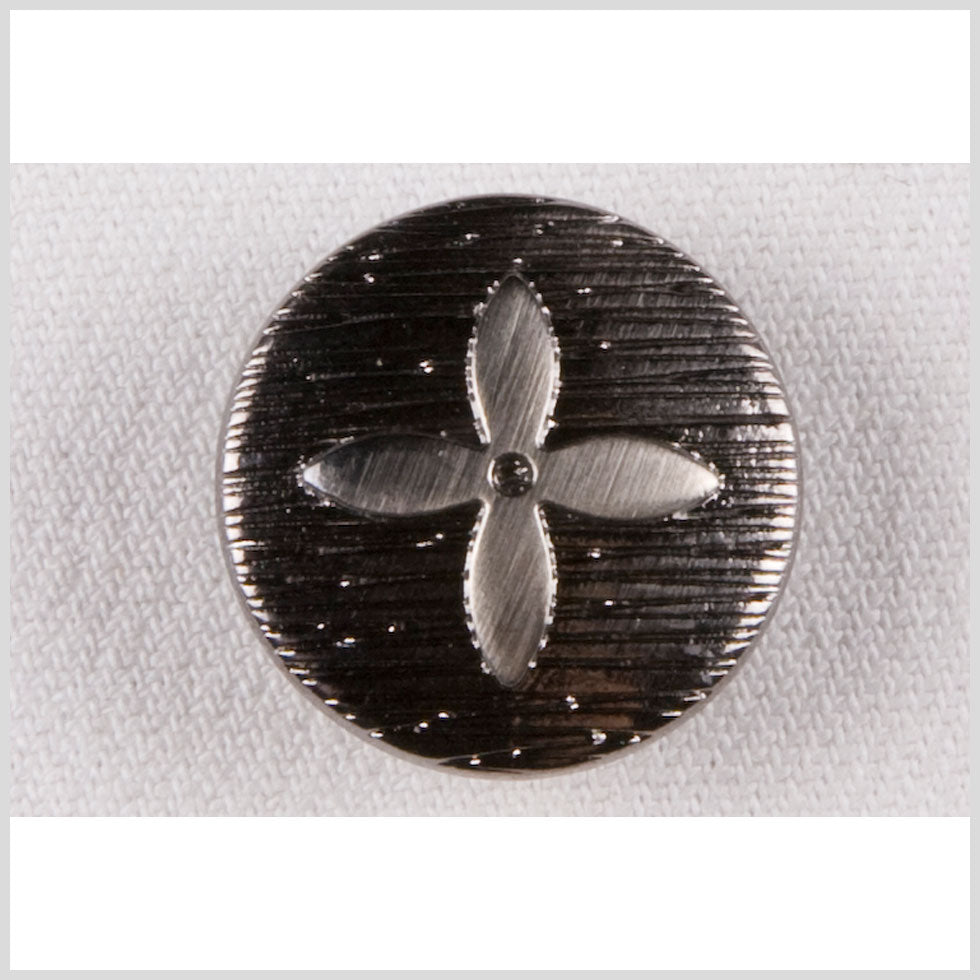 Metal Shank Back Button - 36L/23mm - Gunmetal Carved Lines and 4-Petal Flower