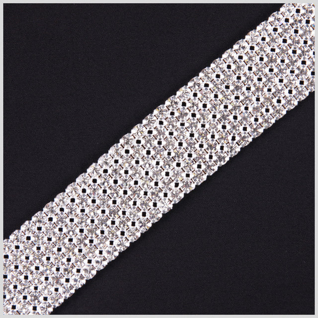 6 Rows Crystal Silver Plated on Black Net Metal & Czech Rhinestone - 1.125”