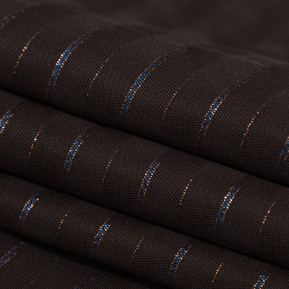 Chocolate Brown Polyester Twill with Metallic Gilded Pleasure and Moody Blue Stripes - Detail