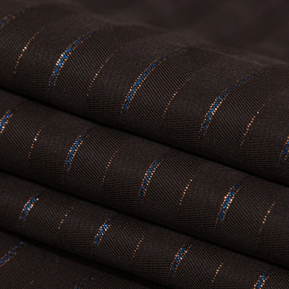 Chocolate Brown Polyester Twill with Metallic Gilded Pleasure and Moody Blue Stripes - Detail