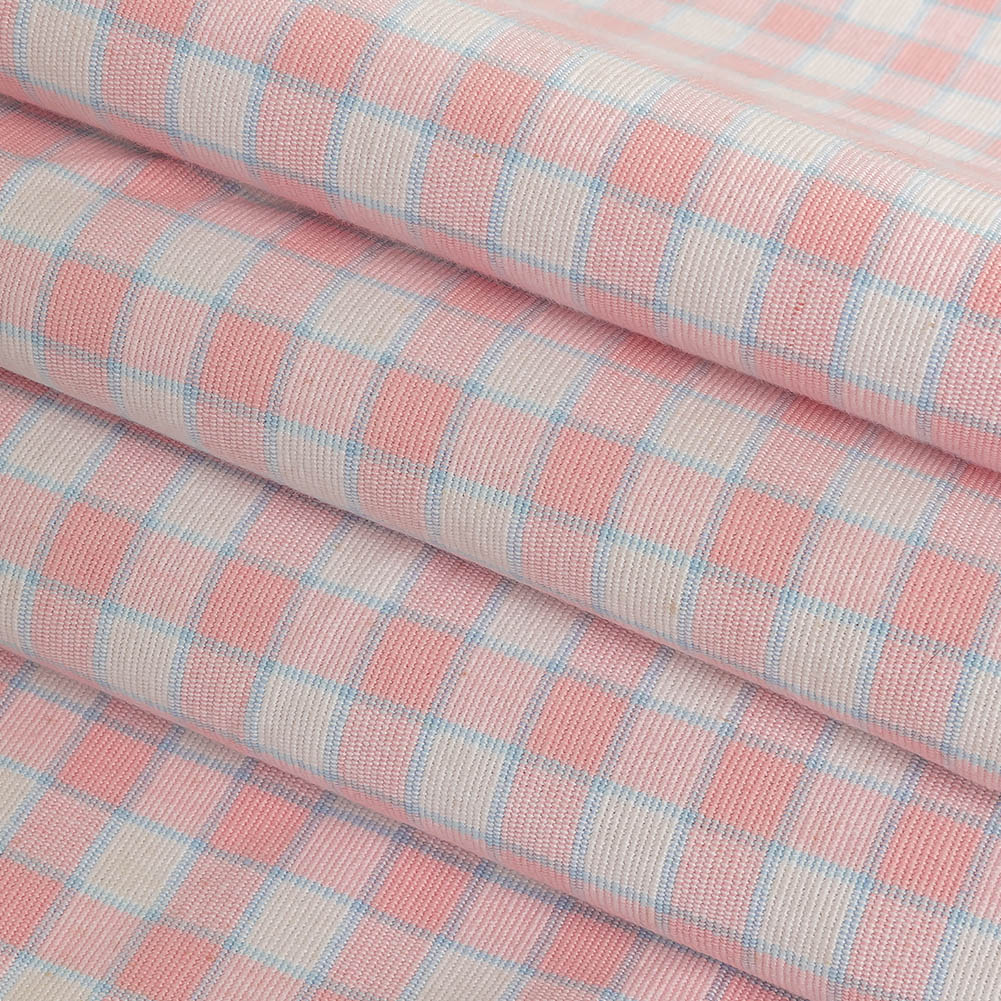 Baby Pink and Blue Checked Handwoven Cotton - Folded