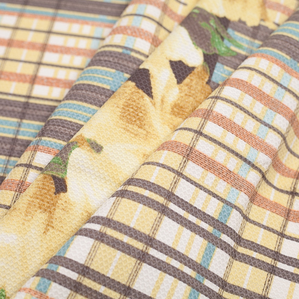 Blue/Yellow Plaid Cotton Pique With Floral Detail - Folded