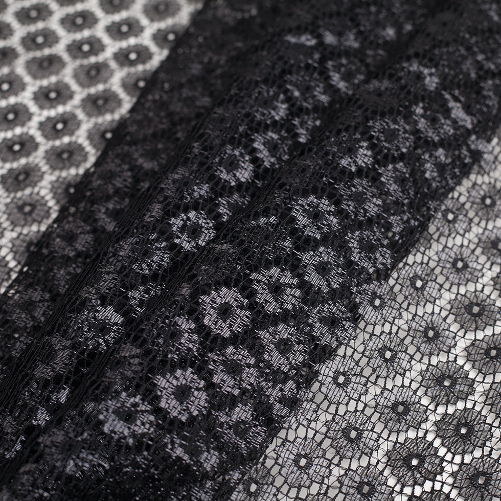 Metallic Black/Black Nylon Floral Lace Folded