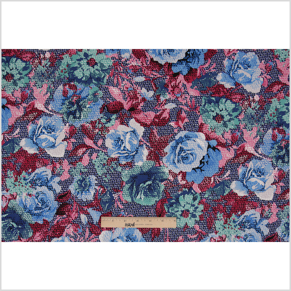 Blue/Pink/Green Rose Printed Stretch Cotton Poplin - Folded