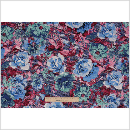 Blue/Pink/Green Rose Printed Stretch Cotton Poplin - Folded