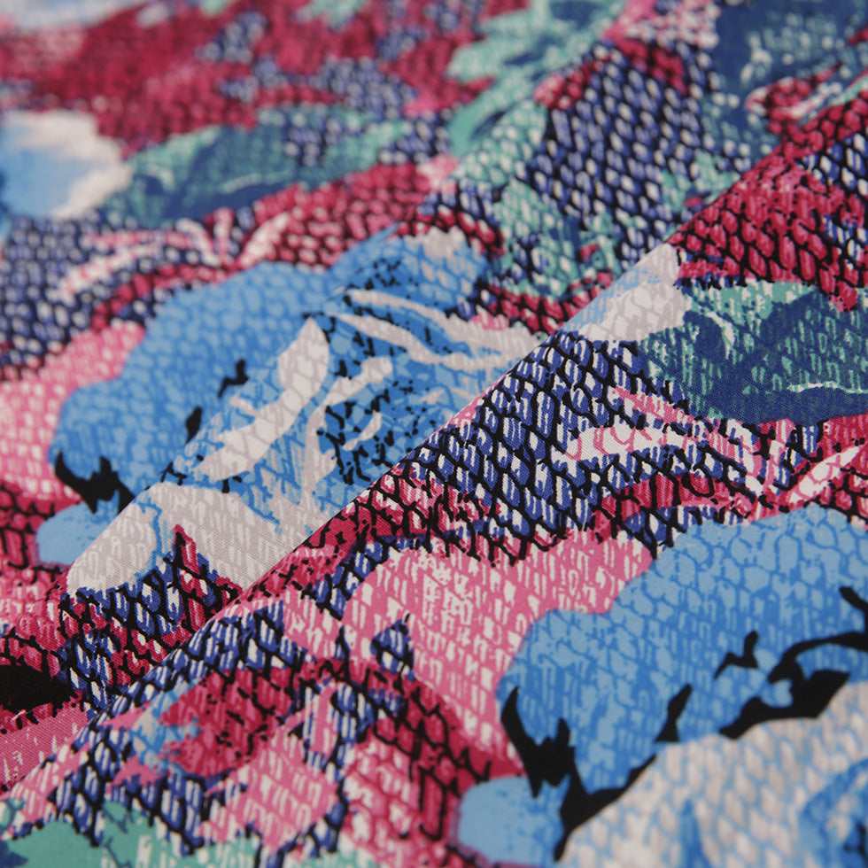 Blue/Pink/Green Rose Printed Stretch Cotton Poplin - Detail