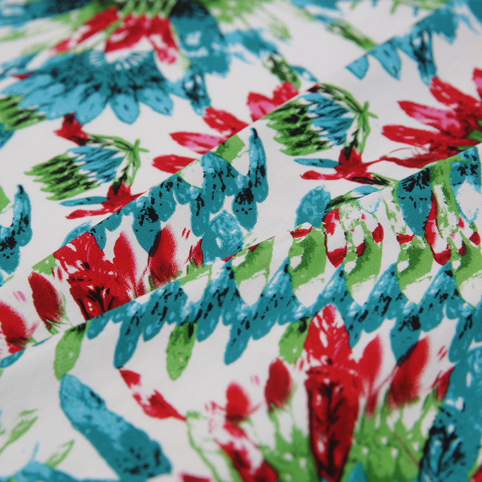 Teal/Green/Red Feather Printed Stretch Cotton Twill Detail