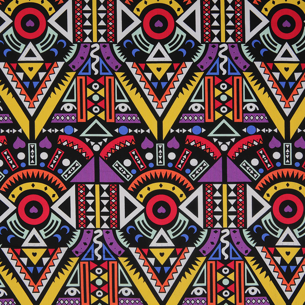 Purple/Yellow Multicolor Geometric Printed Stretch Cotton Twill