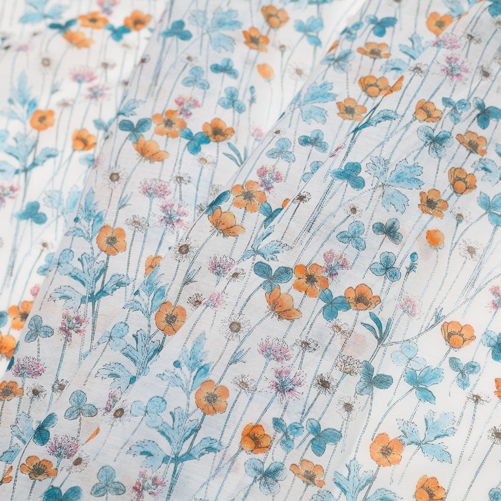 Liberty of London Josephines Garden Blue/Orange Silk-Cotton Voile Detail