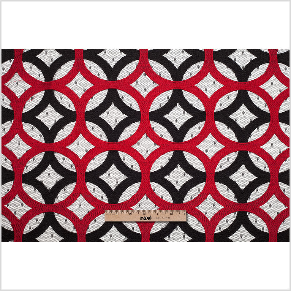 Black and Red Circular Geometric Nylon Lace with Netting Folded