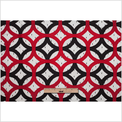 Black and Red Circular Geometric Nylon Lace with Netting Folded
