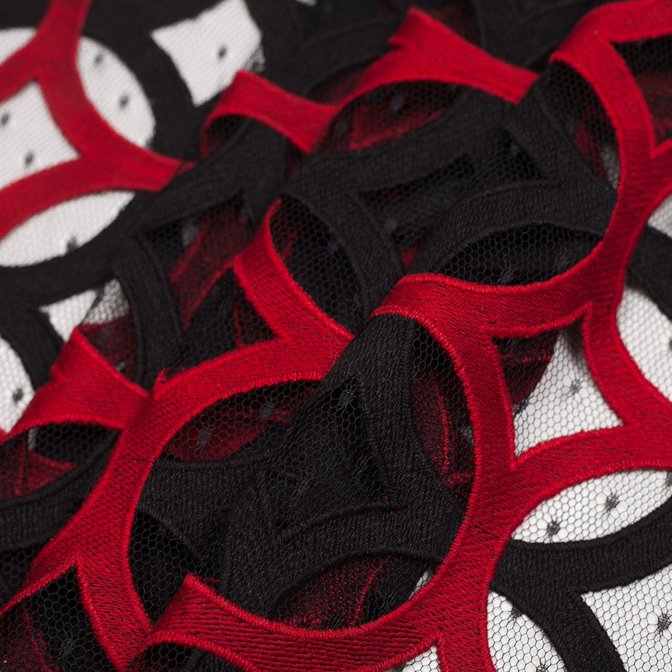 Black and Red Circular Geometric Nylon Lace with Netting Detail