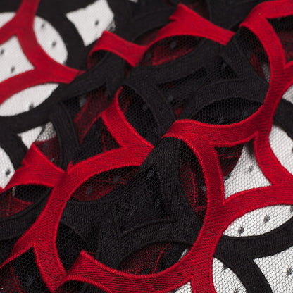 Black and Red Circular Geometric Nylon Lace with Netting Detail