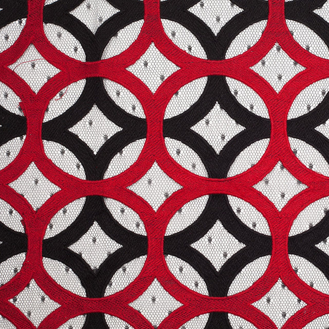 Black and Red Circular Geometric Nylon Lace with Netting