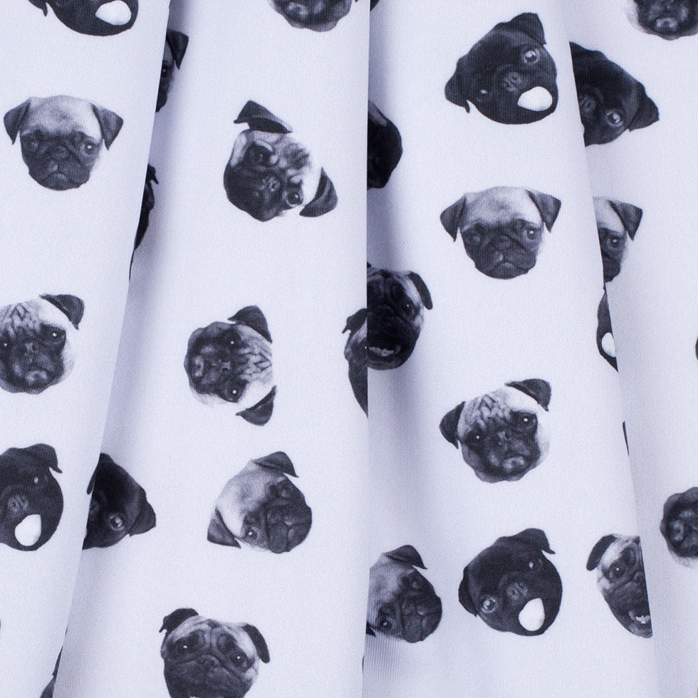Black/White Digitally Printed Pugs Stretch Neoprene/Scuba Knit Detail
