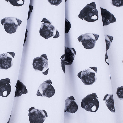 Black/White Digitally Printed Pugs Stretch Neoprene/Scuba Knit Detail