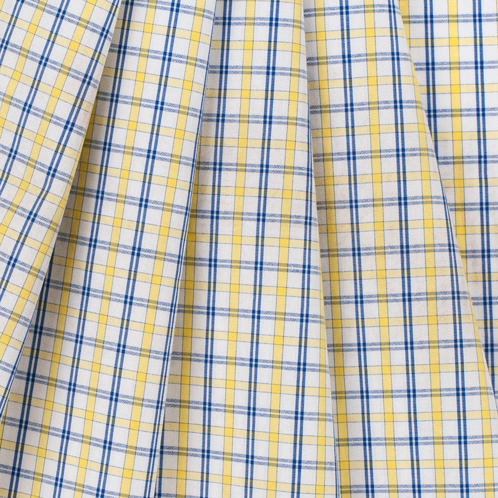 White/Primary Blue/Lemon Peel Plaid Cotton Shirting - Folded