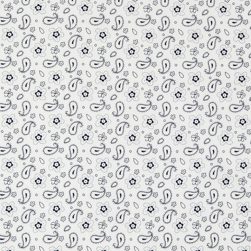 White/Navy Paisley Combed Cotton Sateen