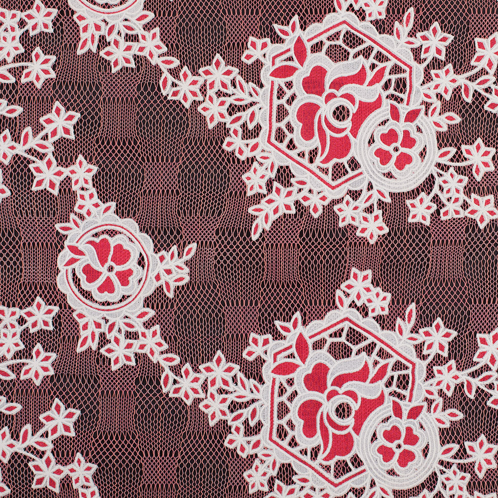 Famous NYC Designer Poppy/Oyster Floral Lace on Geometric Mesh