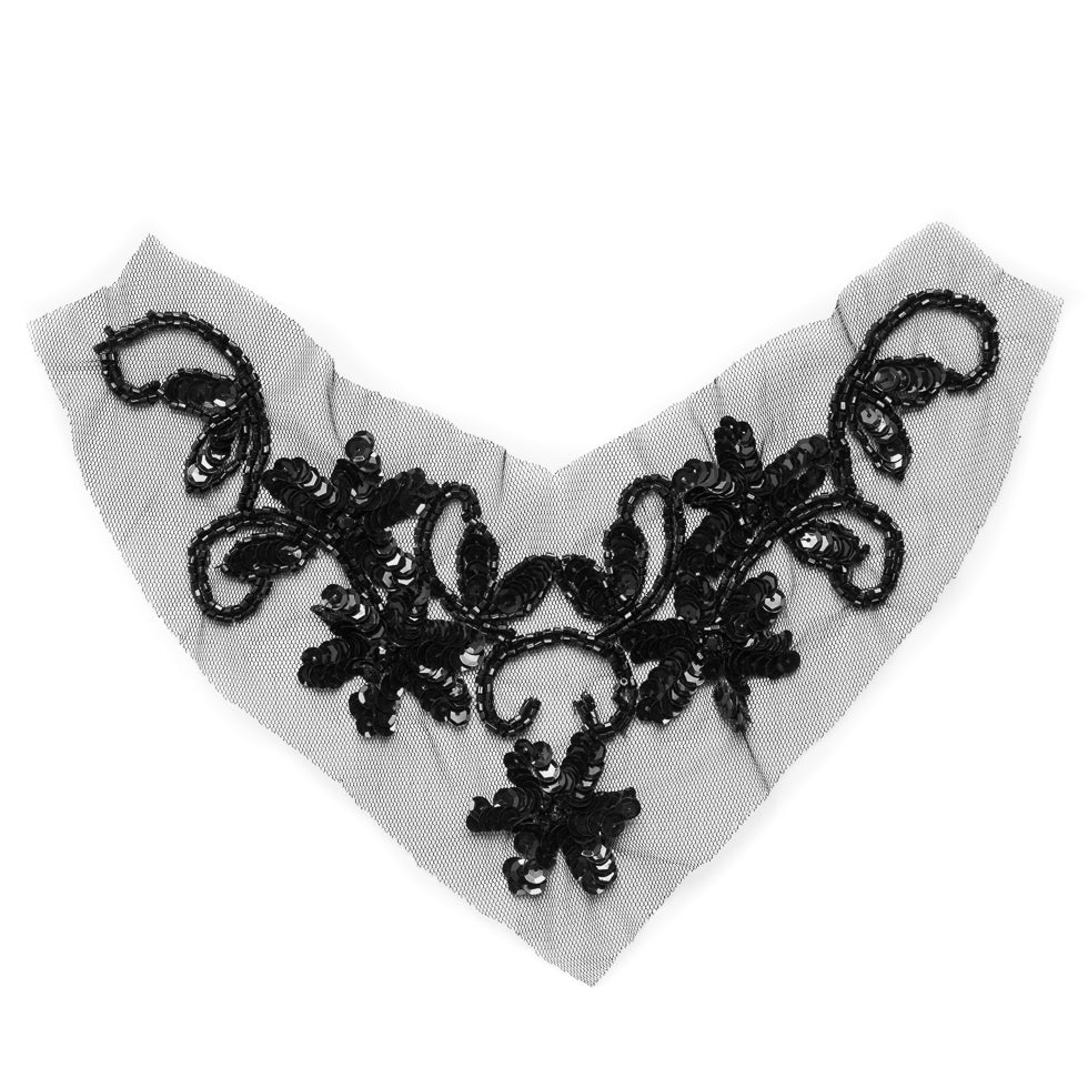 Black Beaded and Sequined Neck Applique - 10"