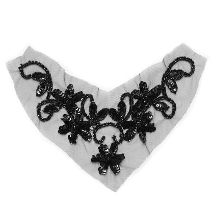 Black Beaded and Sequined Neck Applique - 10"