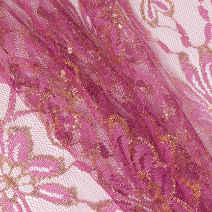 MetallicGold/Pink Fine Floral Lace w/ Scalloped Edges - Folded