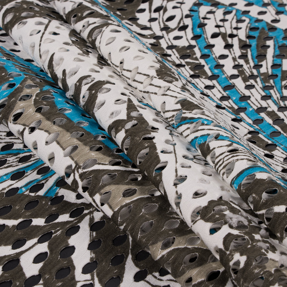 Italian Hawaiian Ocean/White/Dusty Olive Abstract Floral Printed Knit Lace w/ Eyelets - Folded
